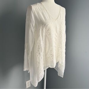Johnny Was White Embroidered Blouse Small V Neck Shirt Top Swim Cover